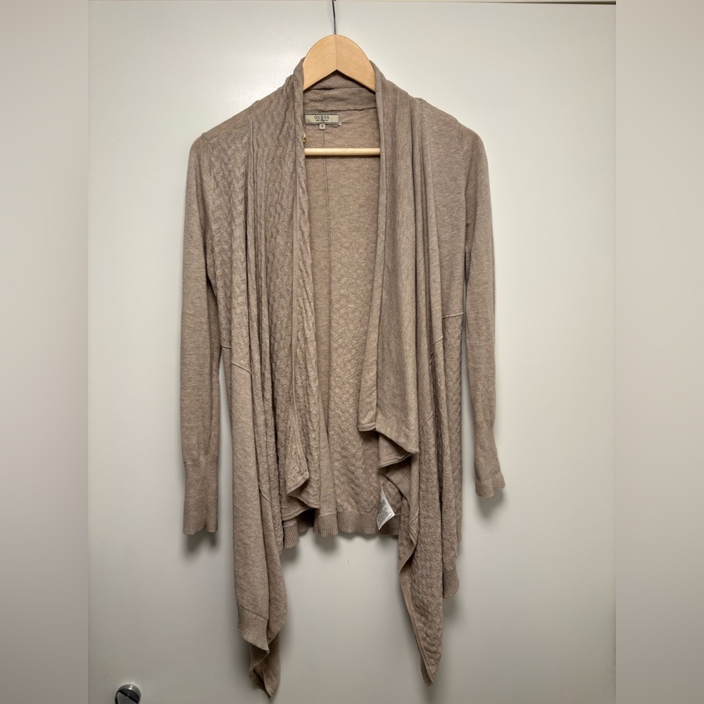 Guess 17.5” PTP Textured Open Front Cotton Cardigan, Beige, Size Small.